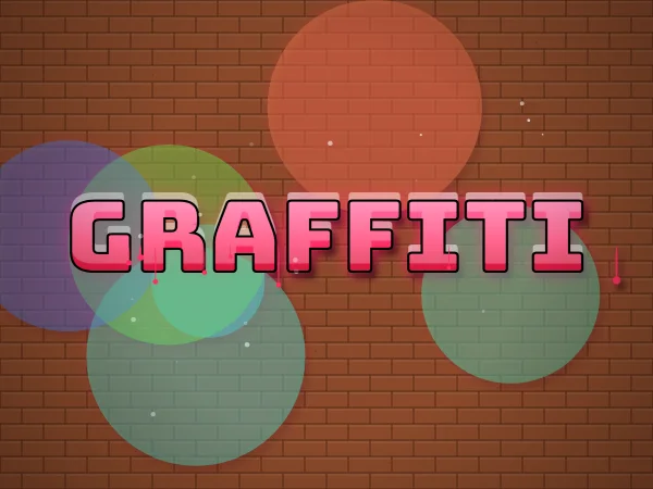 GRAFFITI in pink creative lettering with colorful shapes on a brick wall